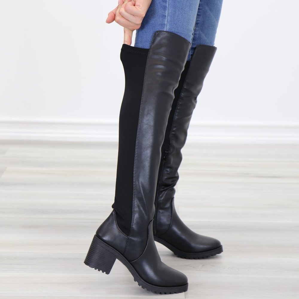 Chunky Lug Heel Over The Knee Boot Black 2 Materials - Picture 4 of 15